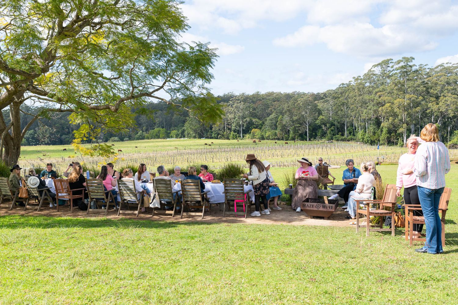 Group of people seated outdoors under a tree enjoying a sunny farm gathering surrounded by green fields.