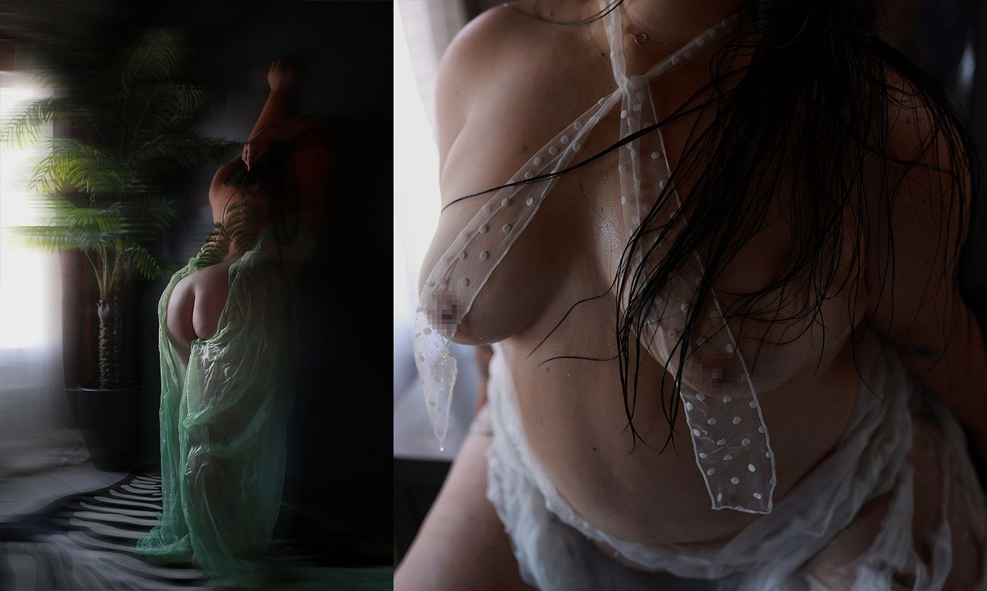 Artistic boudoir photography diptych featuring a woman in sheer green and white lace lingerie near a window.
