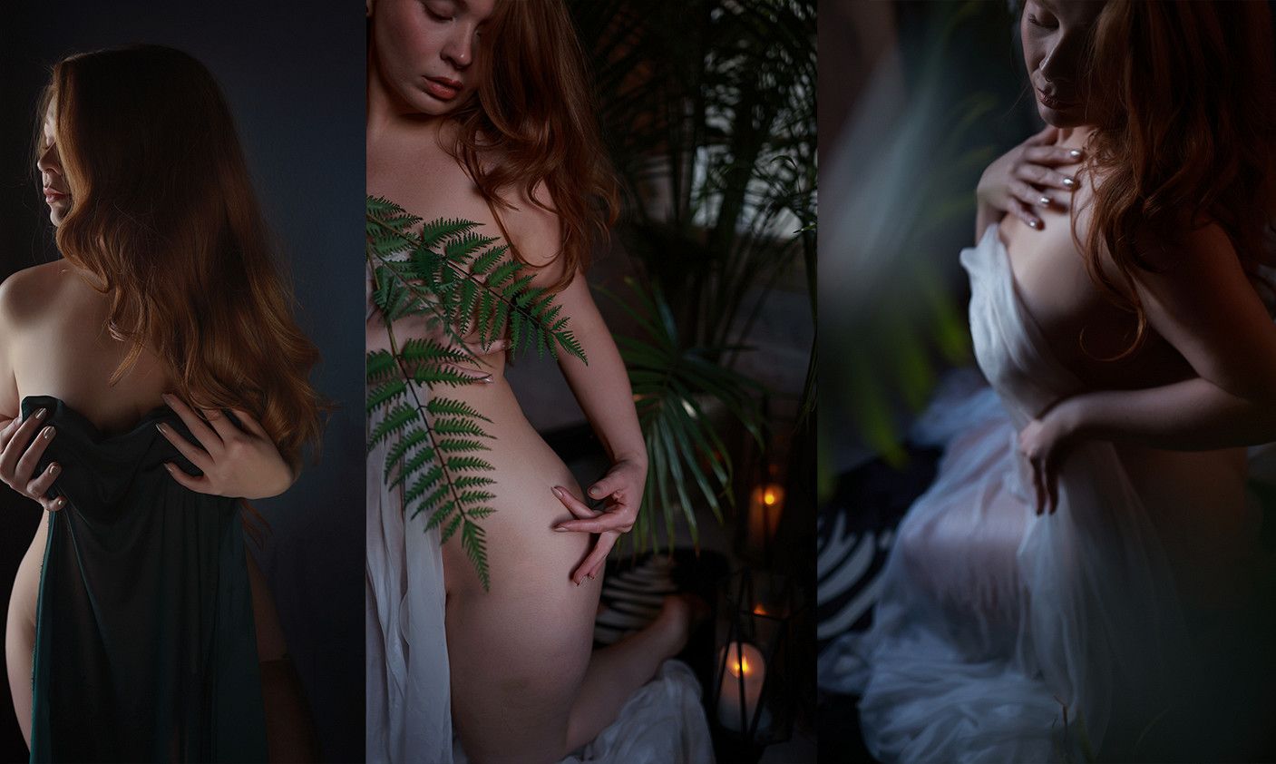 Artistic triptych of a redhead woman in sheer flowing gowns posed among lush tropical plants in moody lighting.