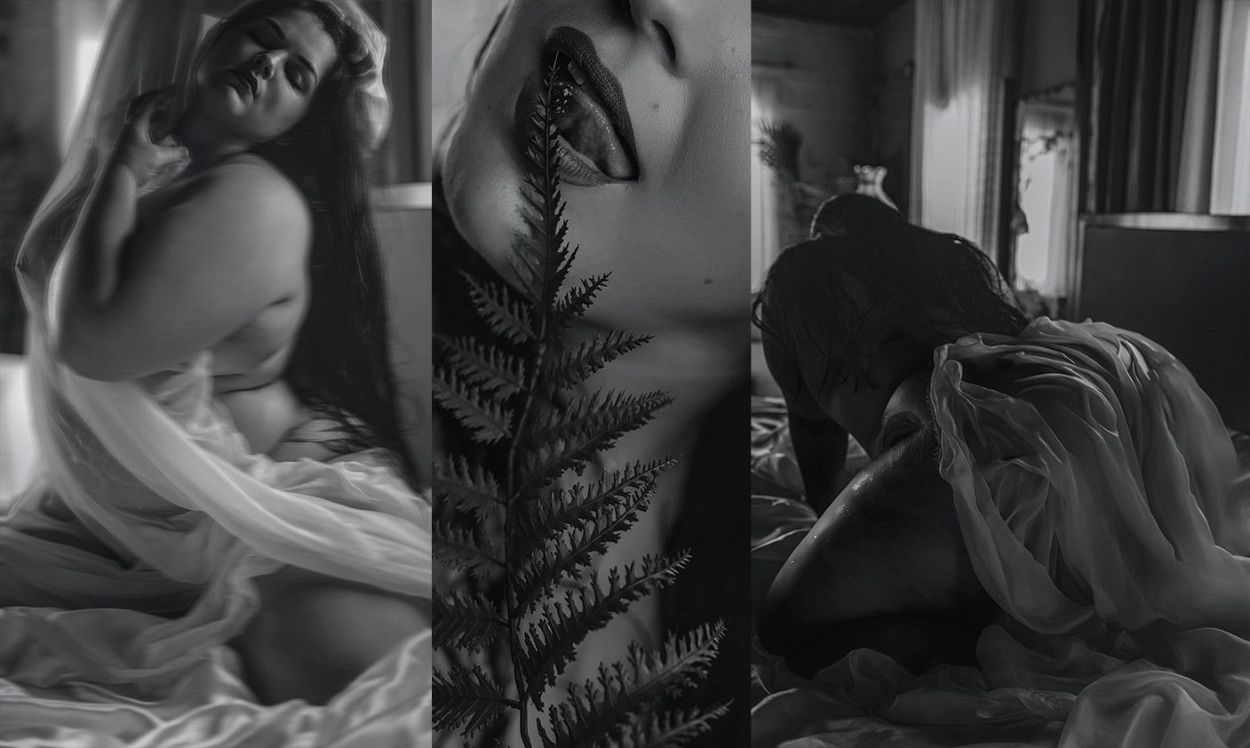 Black and white triptych of artistic nude photography featuring soft light, fern botanicals, and draped fabric on a bed.