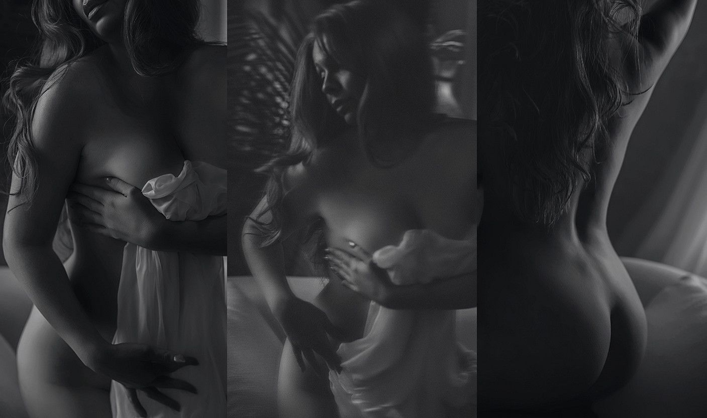 Black and white artistic boudoir photography collage featuring dramatic lighting and elegant poses.