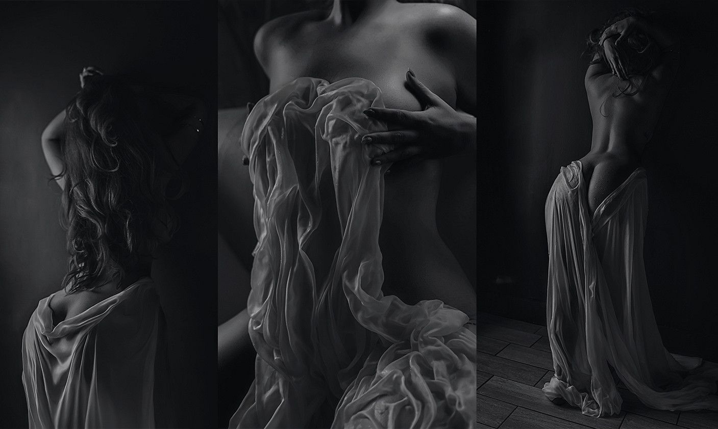 Black and white triptych of a figure draped in flowing sheer fabric, posed elegantly in dramatic chiaroscuro lighting.