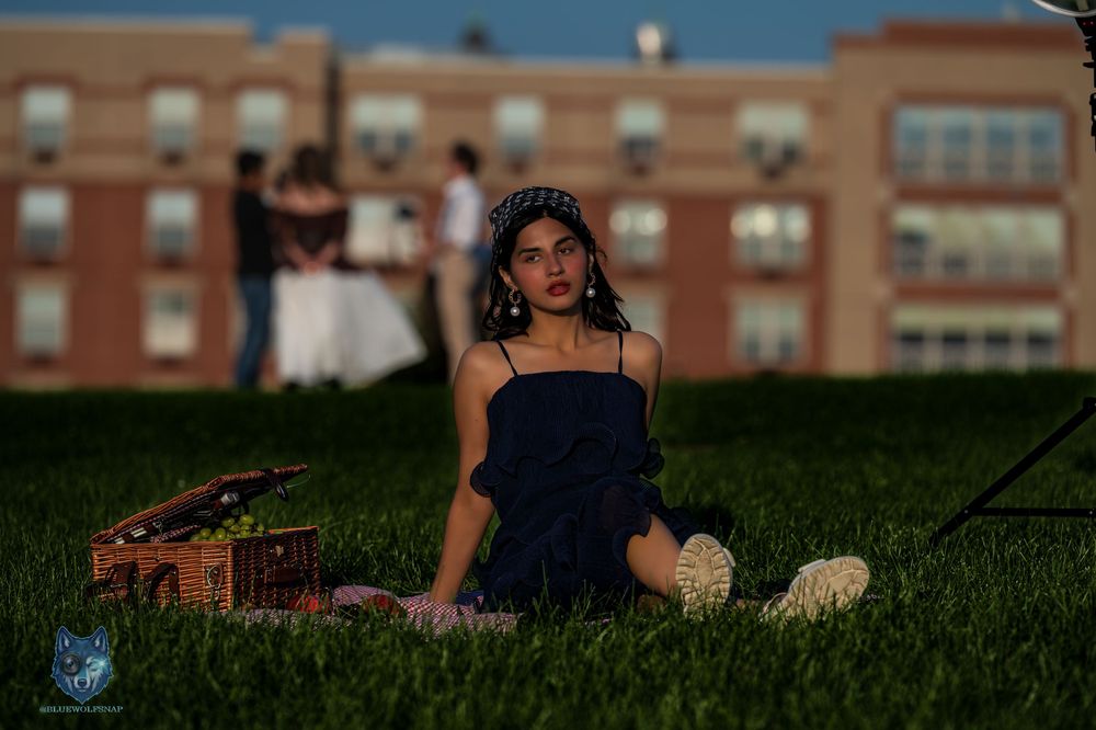 Woman in navy ruffled dress sitting on grass with a picnic basket during a golden hour outdoor photoshoot. Chi.Shooters meet itsaqsaforyou