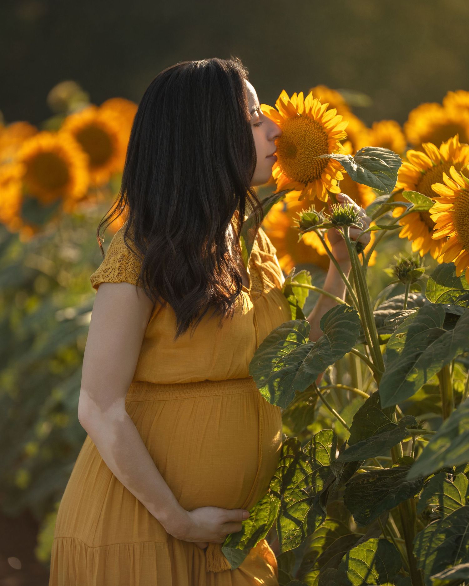 Pregnant woman in yellow dress smelling sunflowers in a golden sunflower field during sunset.