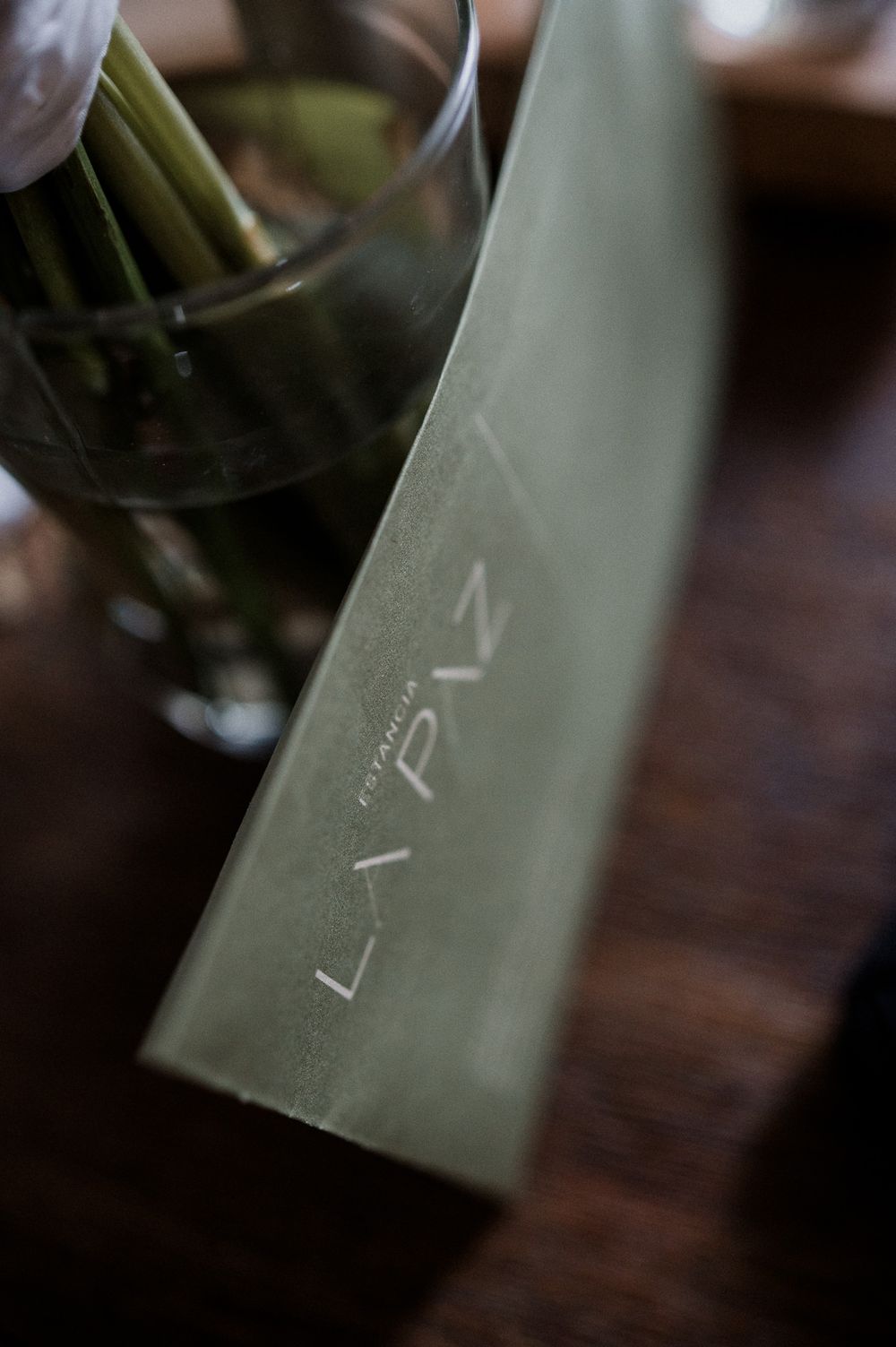 Green menu cover for Estudio Lapiz restaurant on a wooden table beside a glass vase with plants.