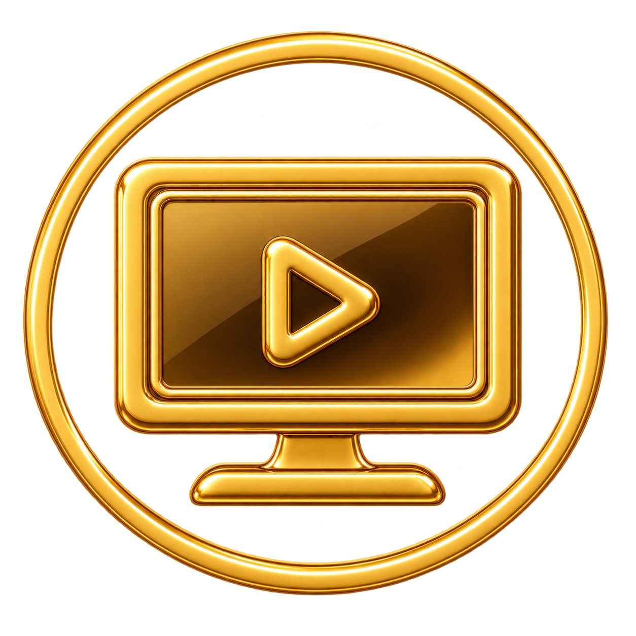 Golden 3D monitor icon with play button symbol, glossy metallic finish, isolated on white background.