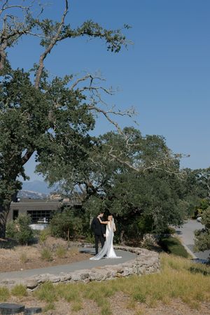 A couple stands together under a large oak tree on a hilltop overlooking a scenic landscape.