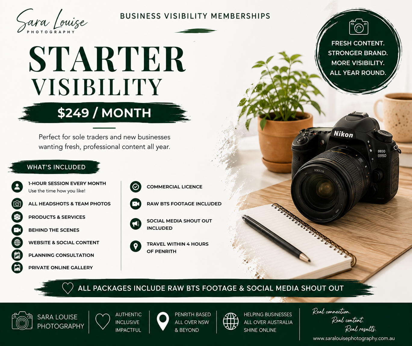 Sara Louise Photography Starter Visibility membership plan at $249/month for sole traders and new businesses.