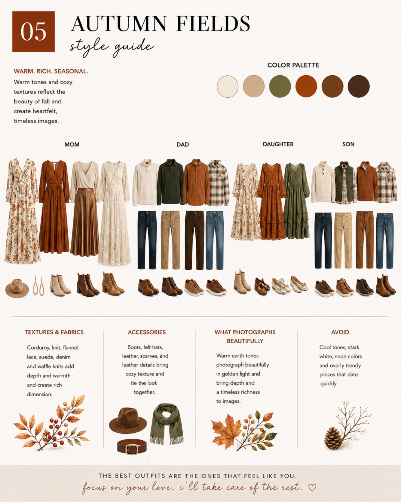 Autumn Fields style guide showing warm seasonal outfit ideas for family photos in rich earth tones and cozy textures.