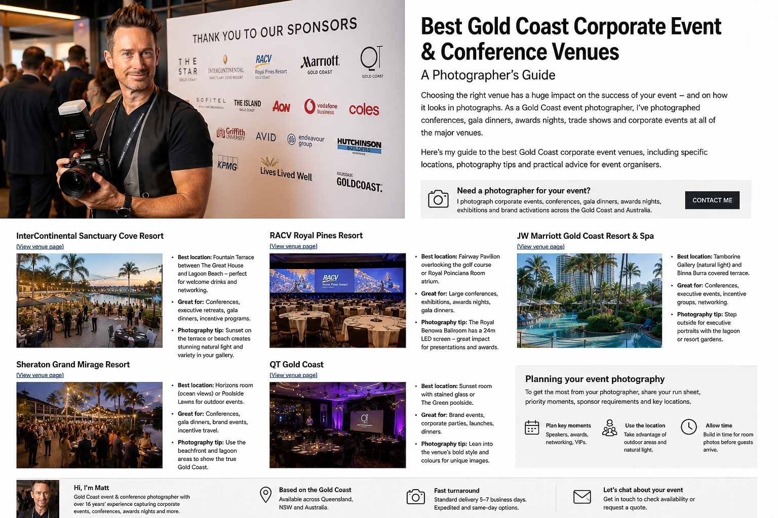 Gold Coast corporate event venue guide showing outdoor conference spaces, resort pools, and networking areas for business gatherings.