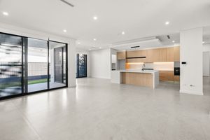 Modern open-plan living area with polished concrete floors, island kitchen with timber cabinetry, and sliding glass doors to outdoor area.