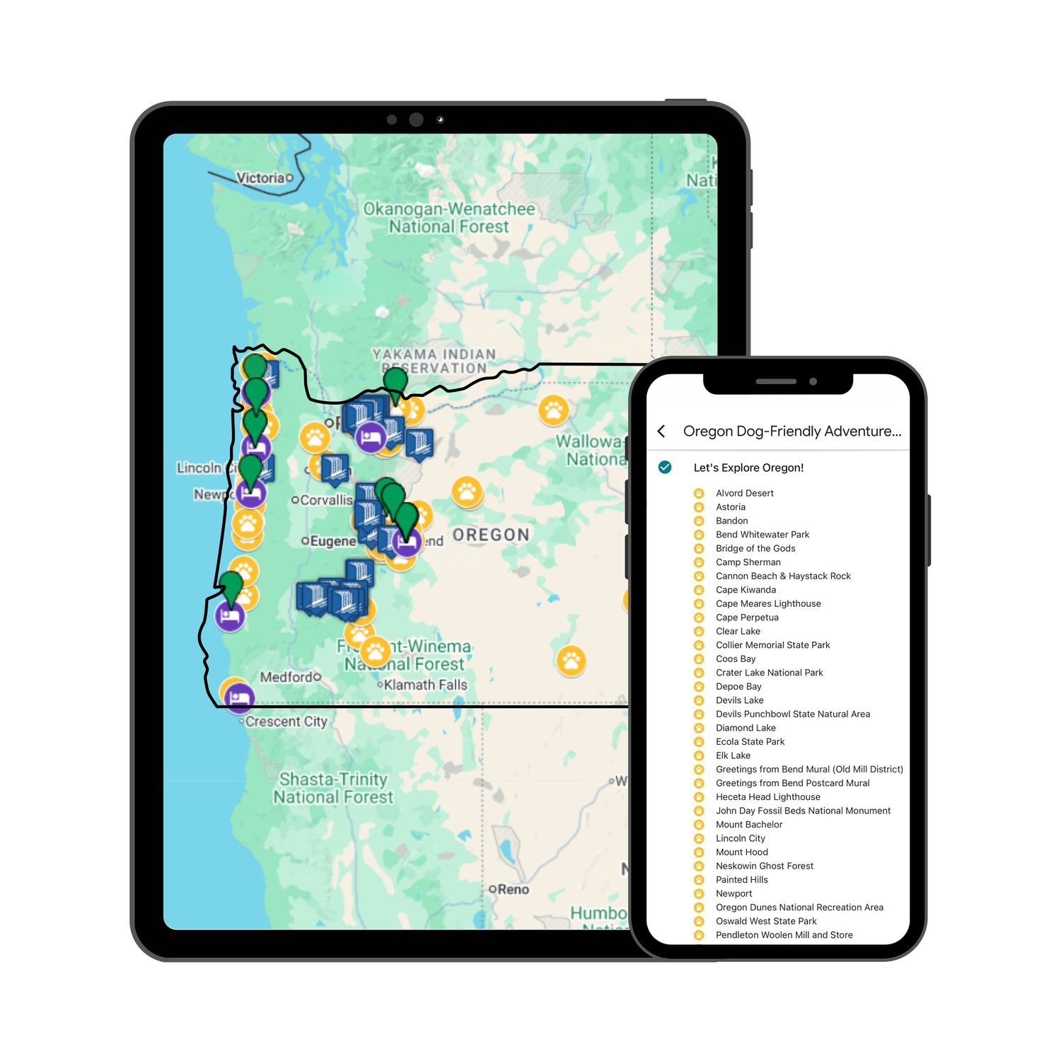 A mobile app interface showing an Arizona map with blue location pins and a scrollable list of destinations.