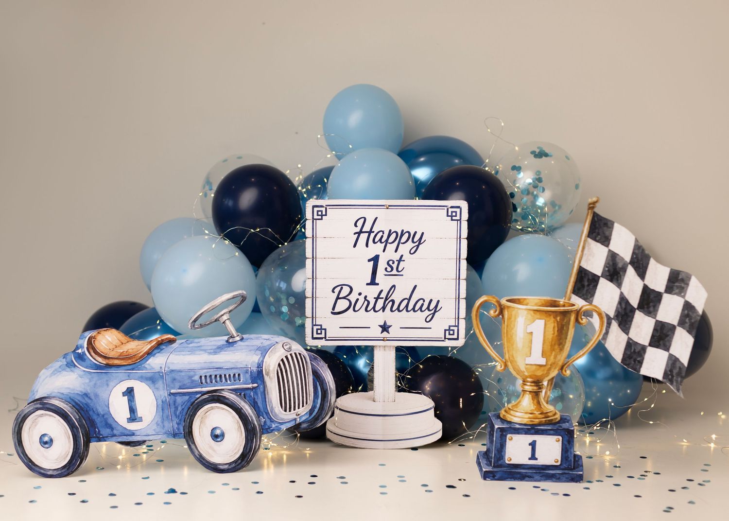 Race car themed first birthday party setup with blue balloons, toy car, trophy, and Happy 1st Birthday sign.