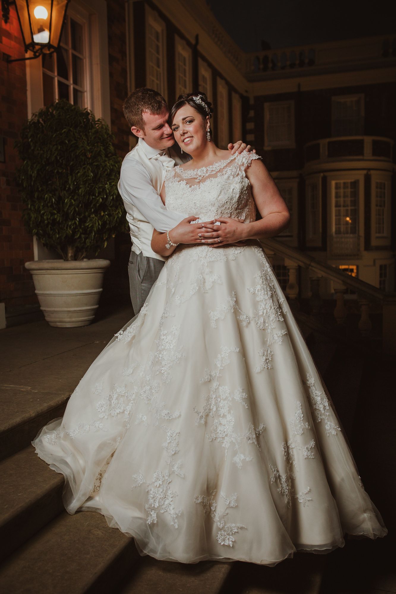 Evening wedding portrait outside Knowsley Hall