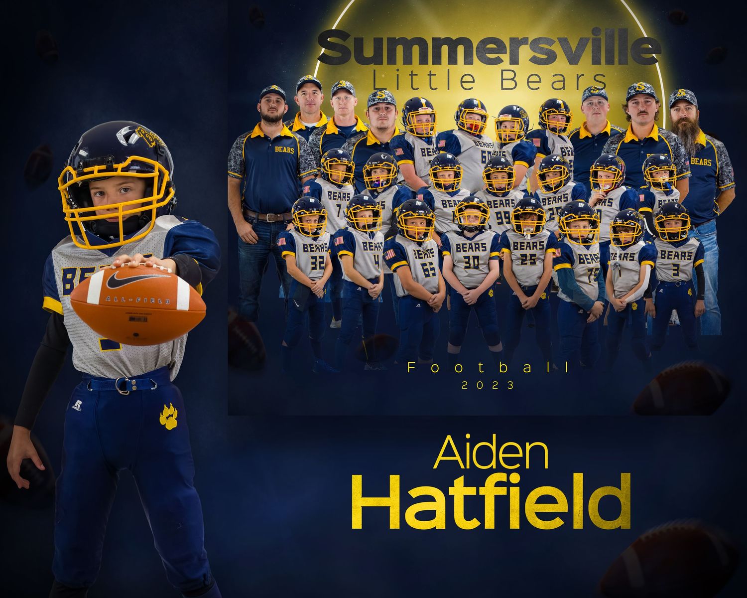 Youth football player Aiden Hatfield poses in blue and gold uniform with Summersville Little Bears team photo in background.