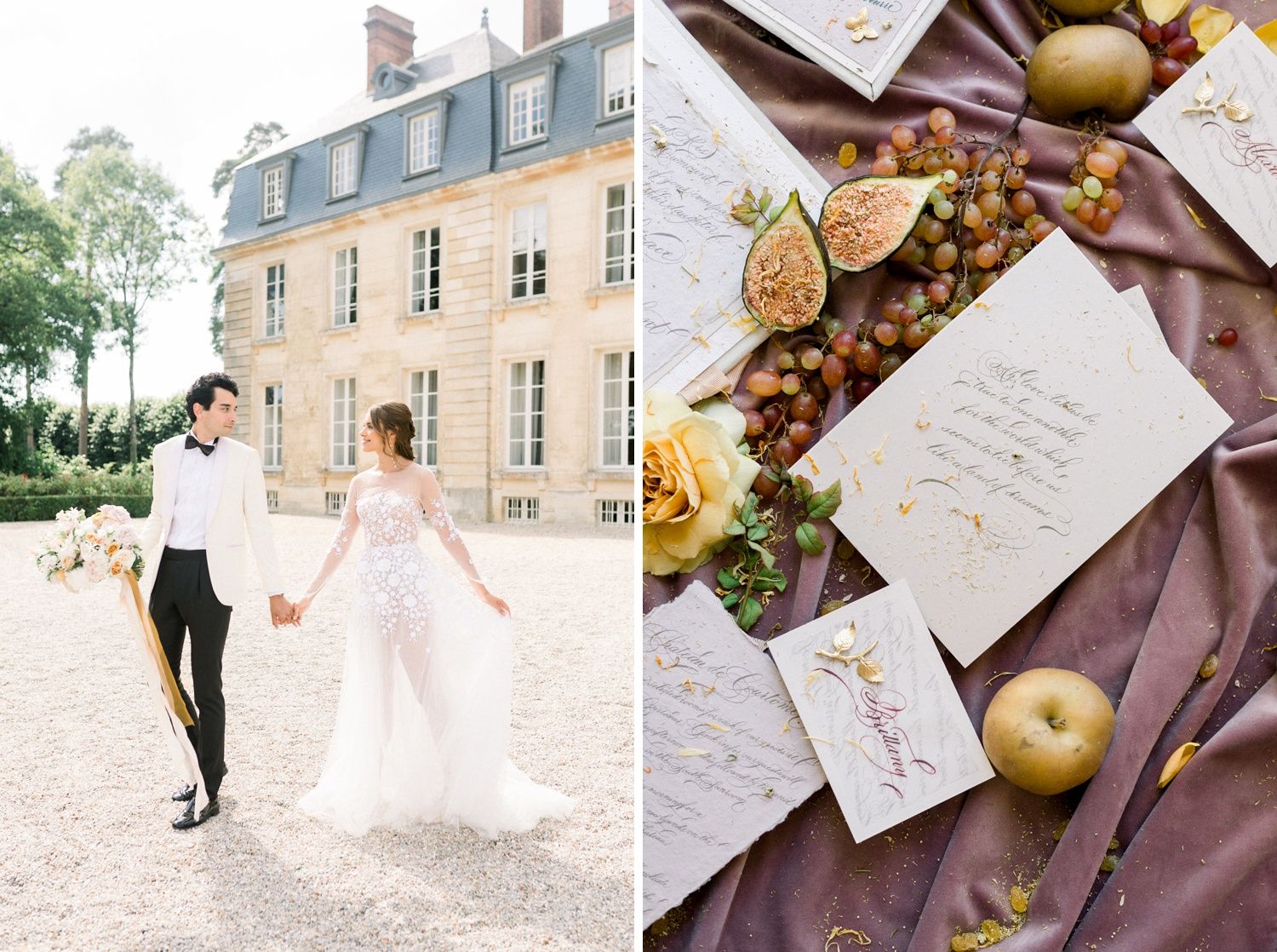 Bride and groom holding hands before French chateau beside gold and white wedding stationery flatlay.