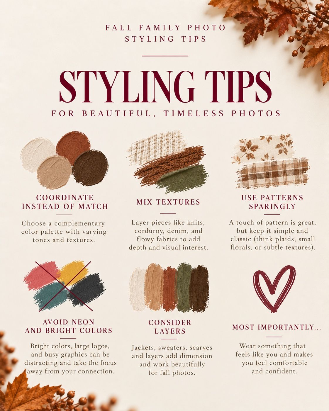 Fall family photo styling tips infographic with six tips for timeless photos including coordinating colors and layering textures.