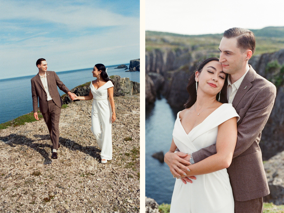 35 mm film photo of bride and groom walking along rocky shore on vancouver island