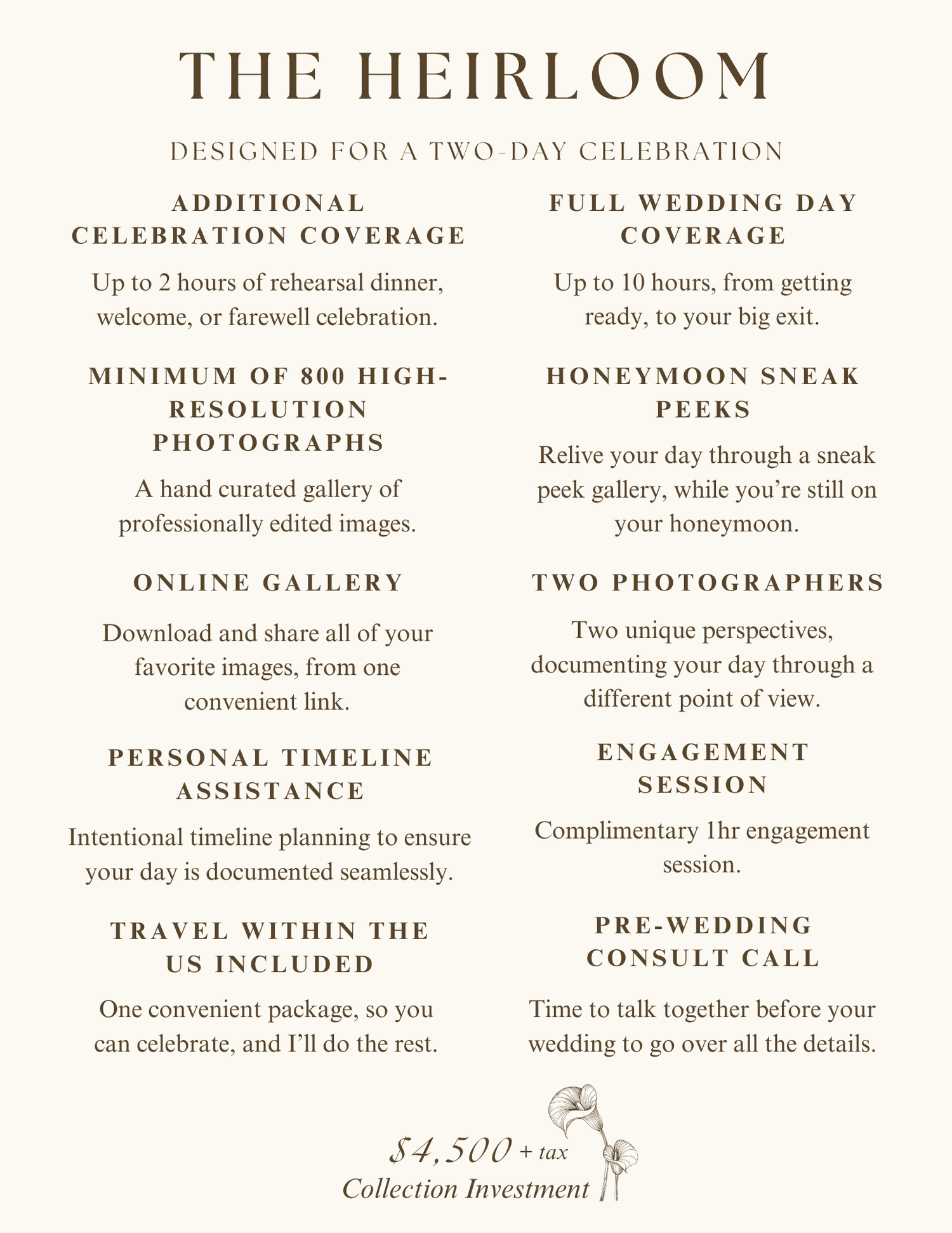 Heirloom two-day wedding photography package flyer listing coverage, photos, gallery, and timeline services for $4,500.