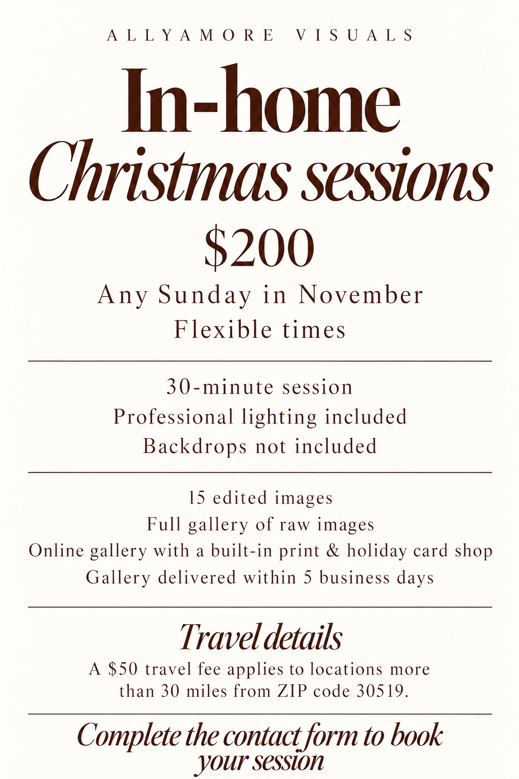 Allyamore Visuals in-home Christmas photo sessions flyer listing $200 pricing, 30-minute sessions, 15 edited images, and travel details.
