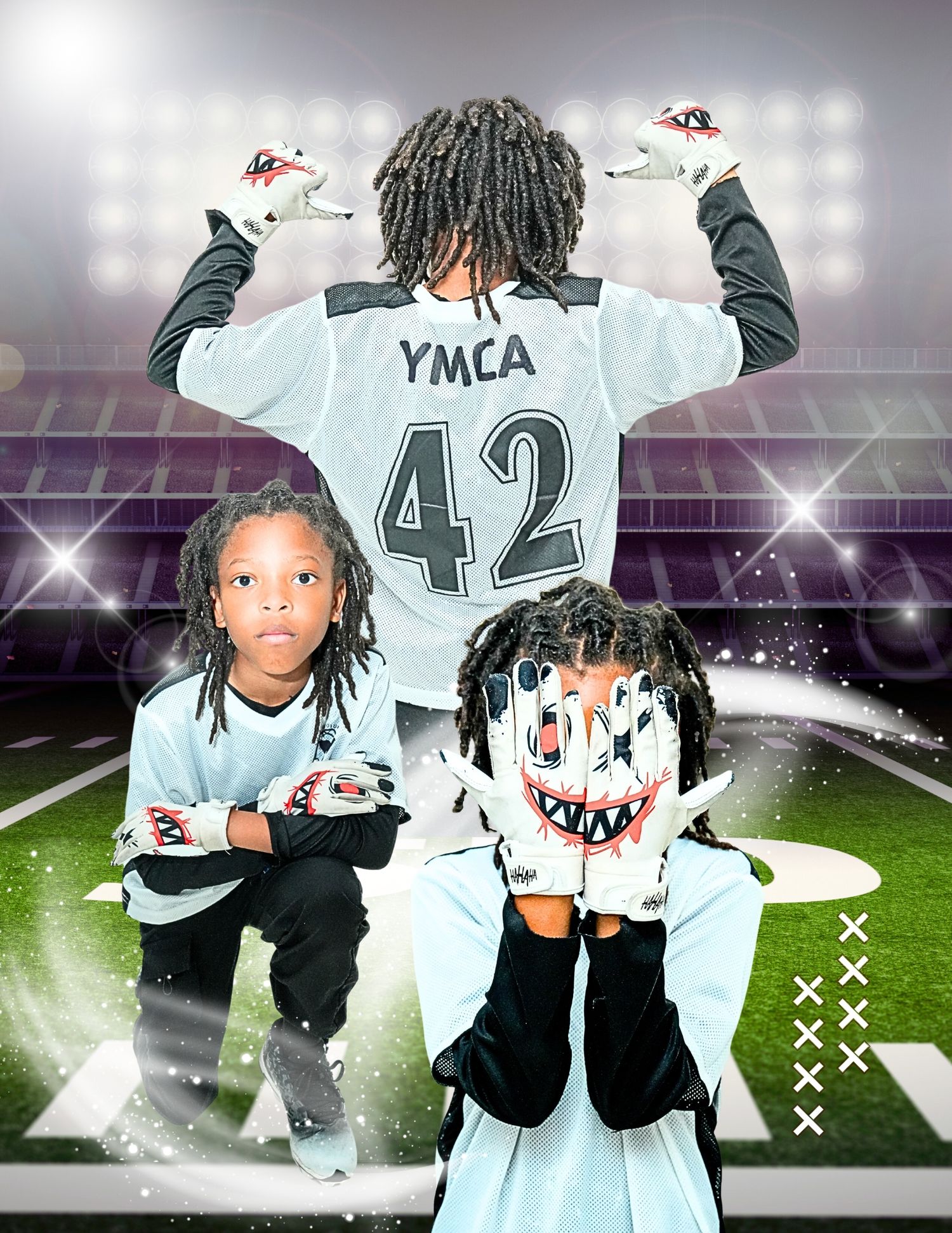 Three young boys in YMCA football jerseys pose dynamically on a stadium field backdrop.