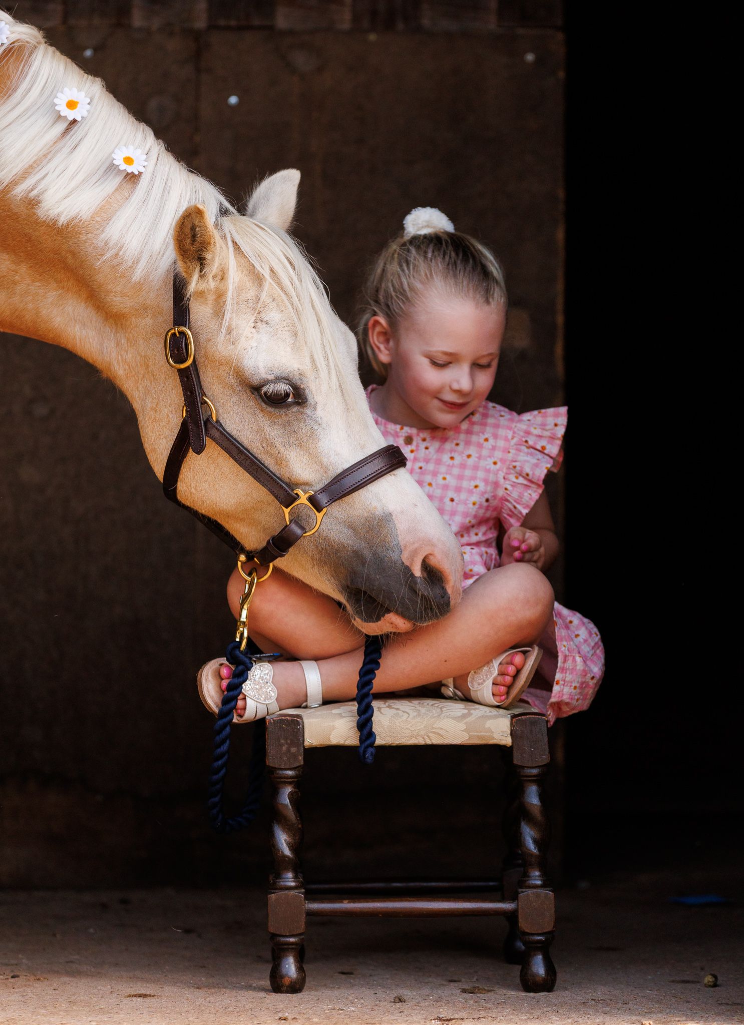 Smiling young woman in a red top sits on a small stool holding the reins of a bay horse in a dark stable, with a brown hat in her lap.