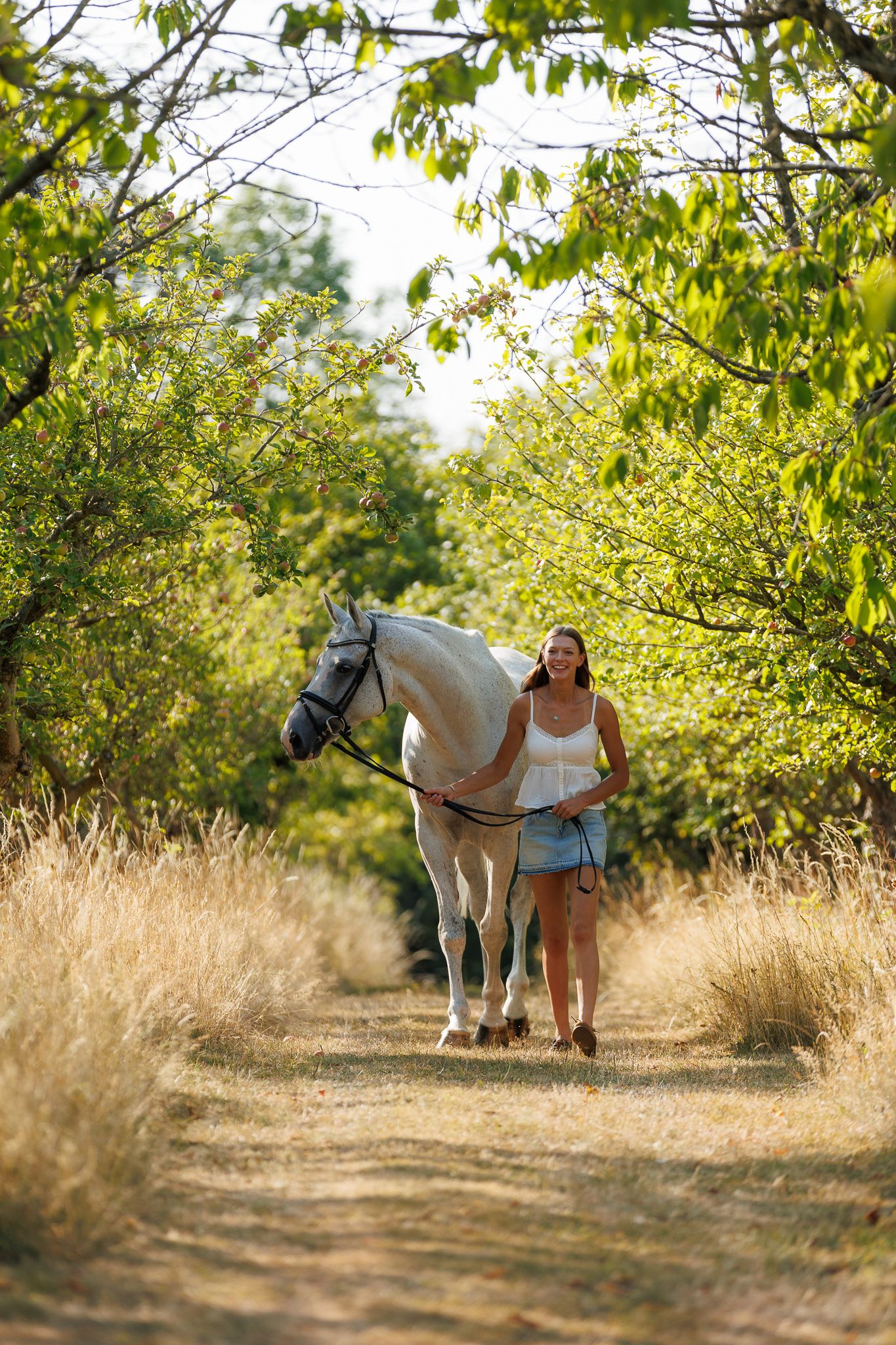 Woman walking two chestnut horses down a sunlit gravel path lined with green trees at a horse farm.