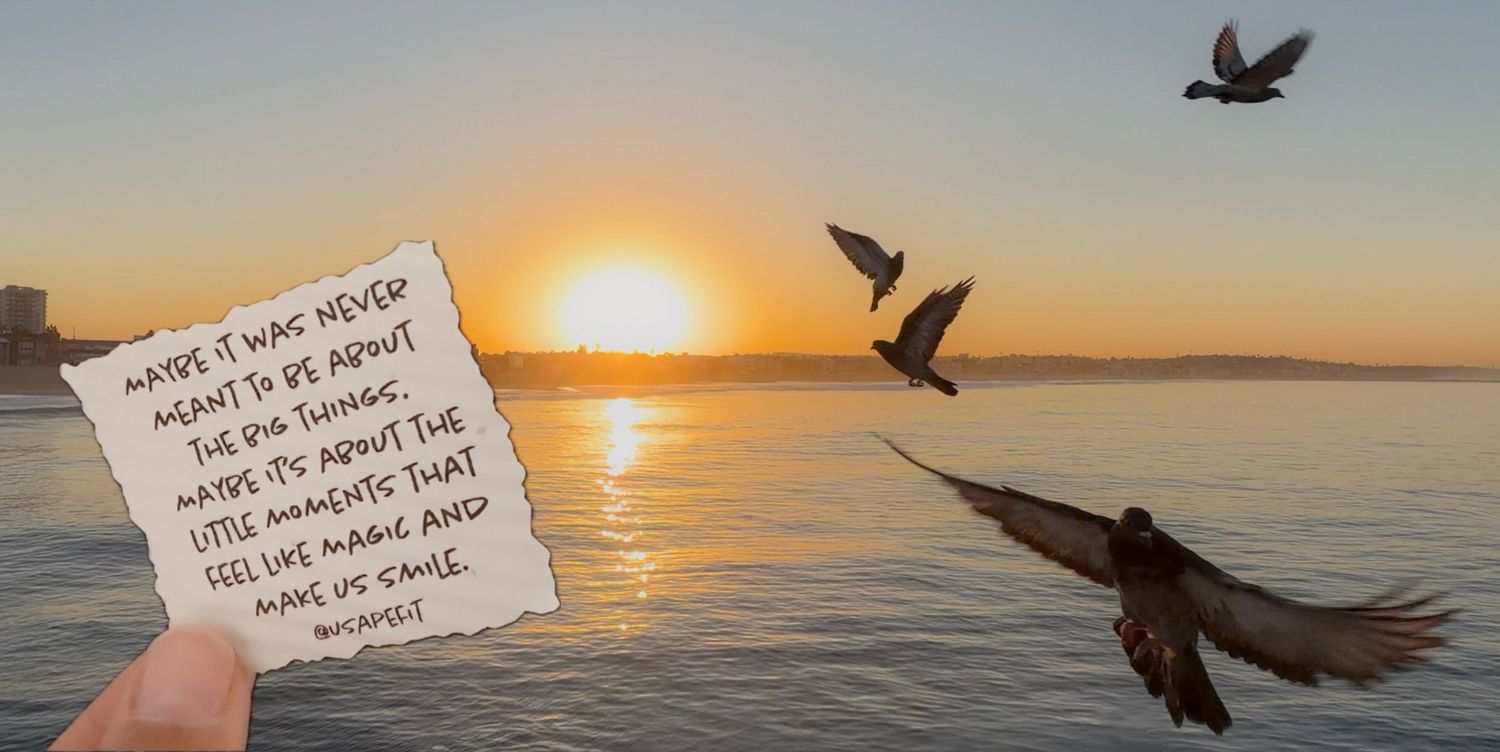 Hand holding a handwritten quote note toward a glowing sunset over calm ocean water as seagulls fly across the golden sky.