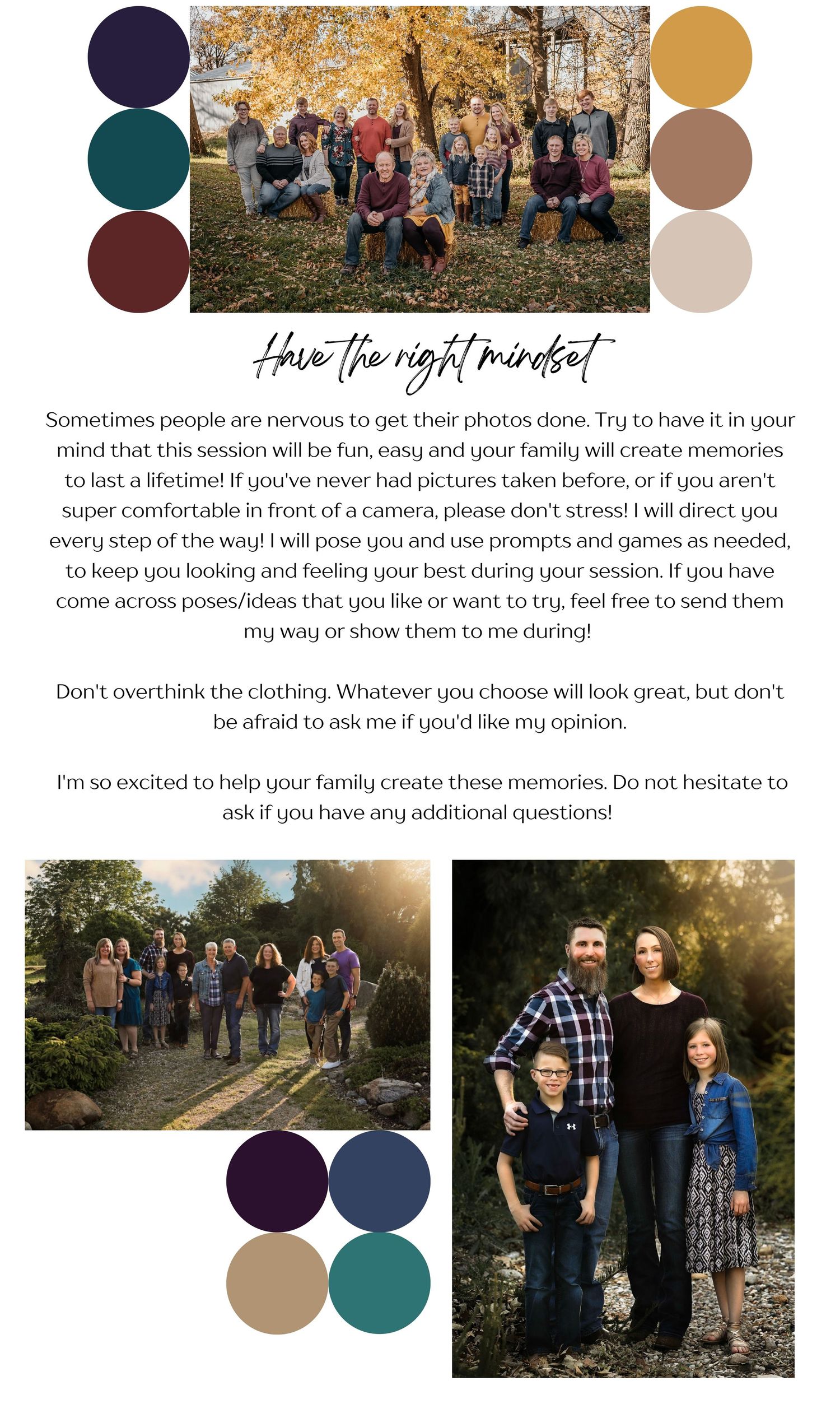 A family photography guide featuring group portraits in nature settings with a color palette and tips for a relaxed photo session.