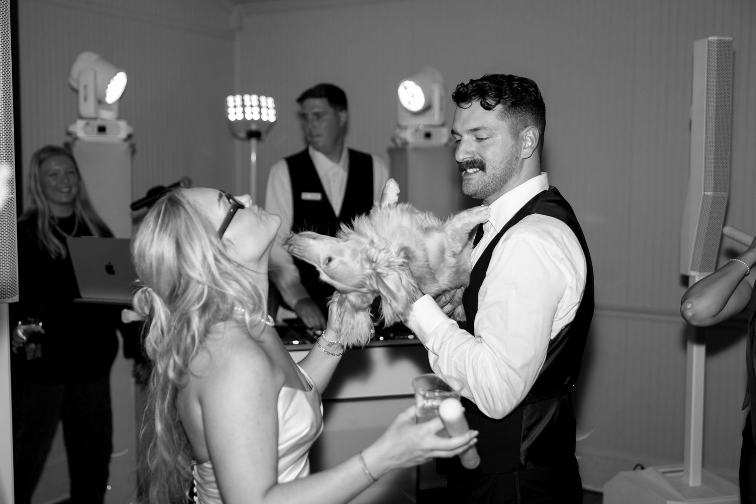Bride and Groom with dog during winter wedding in Georgia.