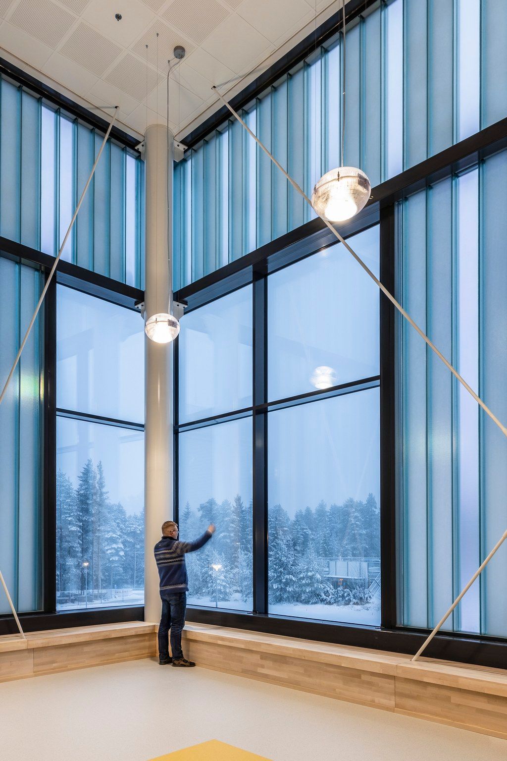 Person standing in a modern atrium with floor-to-ceiling blue-tinted windows overlooking a snowy winter forest landscape.
