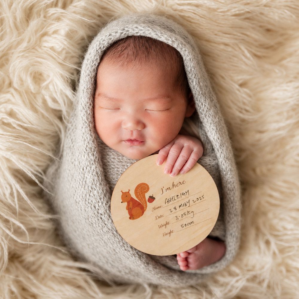 Peaceful newborn baby wrapped in gray knit swaddle holding a wooden birth announcement sign.