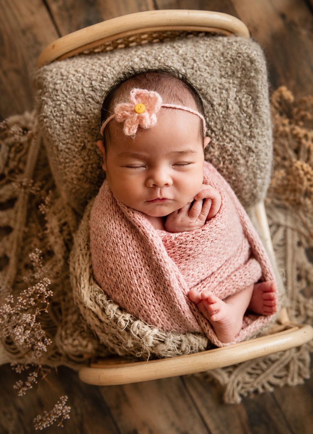 Newborn baby girl swaddled in pink knit wrap with floral headband, sleeping peacefully in a small wooden basket.