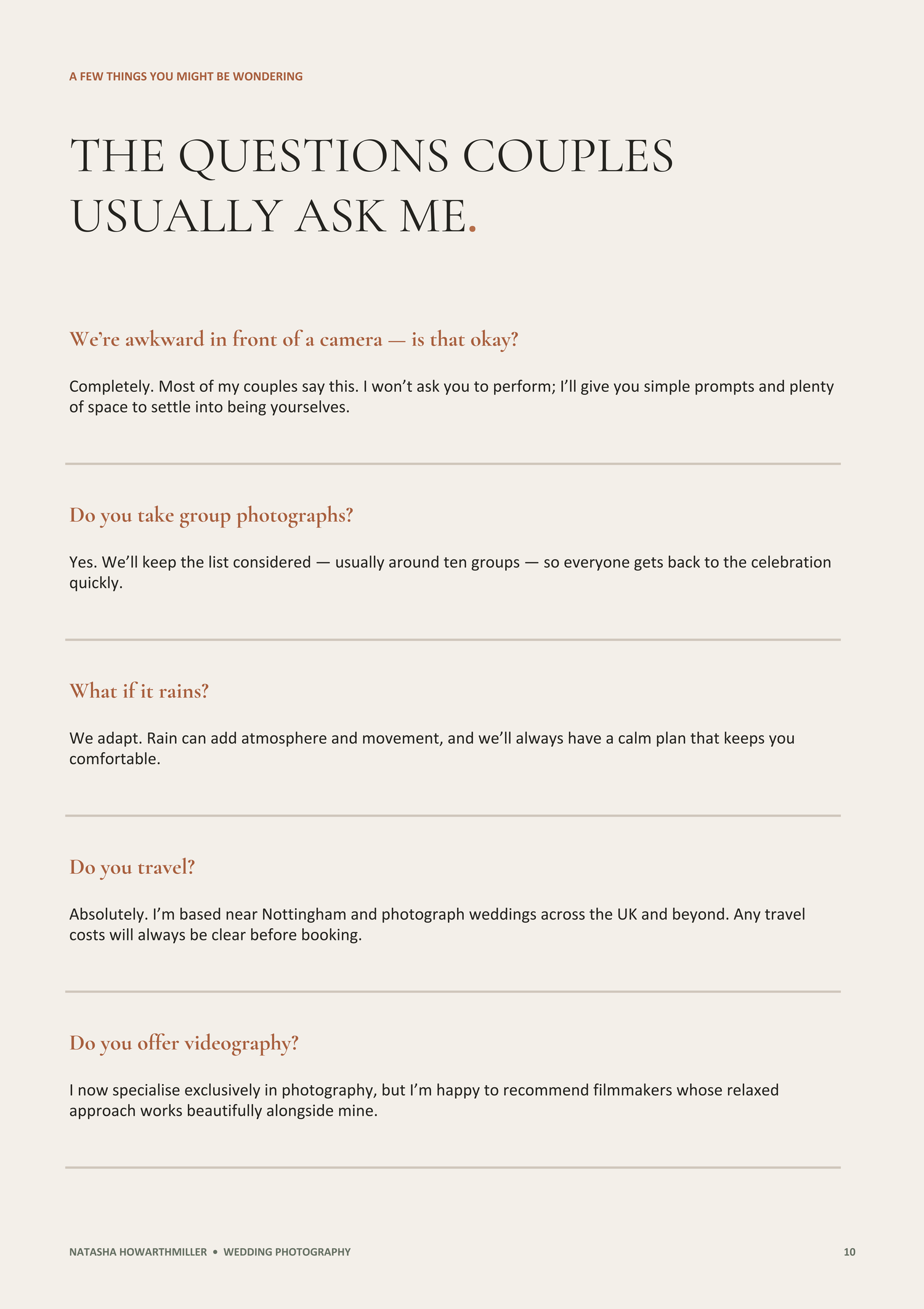 A wedding photographer FAQ page answering common couple questions about cameras, group photos, rain, travel, and videography.