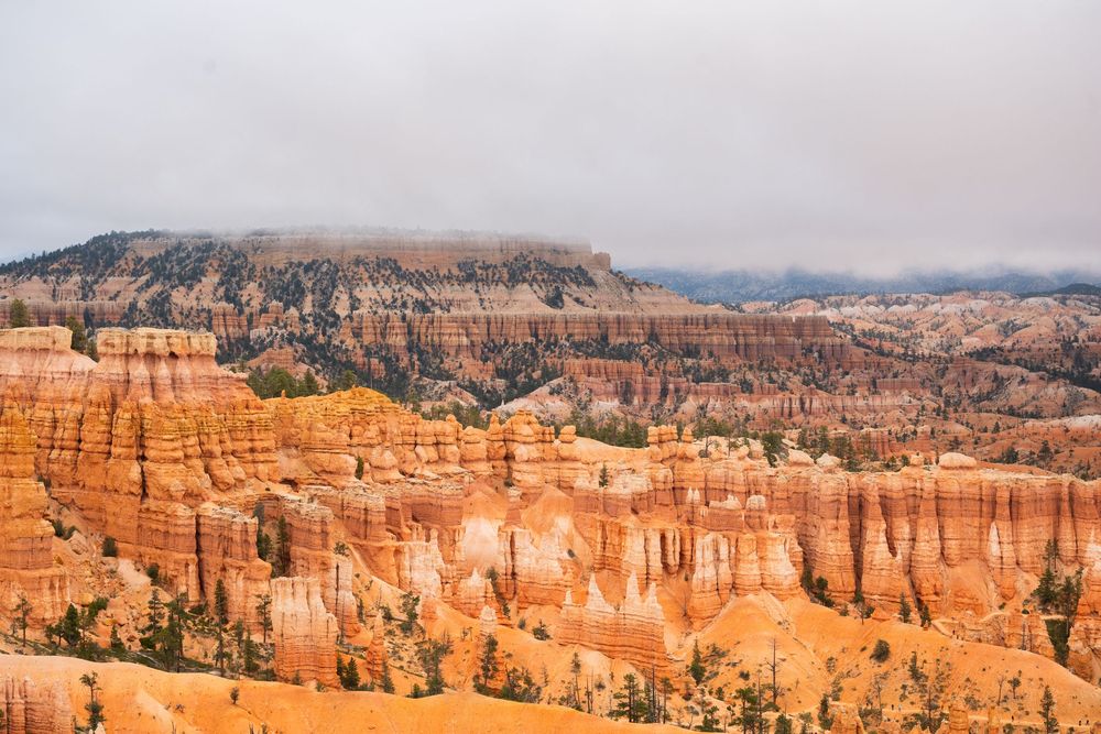 Aerial view of Bryce Canyon's iconic red rock hoodoos under a cloudy sky in Utah, USA.