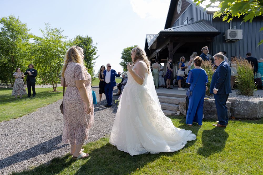 Bride in white gown with guests gathered outside a rustic barn venue on a sunny wedding day at barn swallow fields in guelph, ontario.