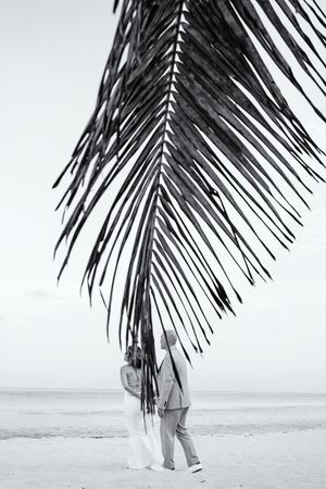 Black and white photo of a couple embracing under a palm frond on a sandy beach.