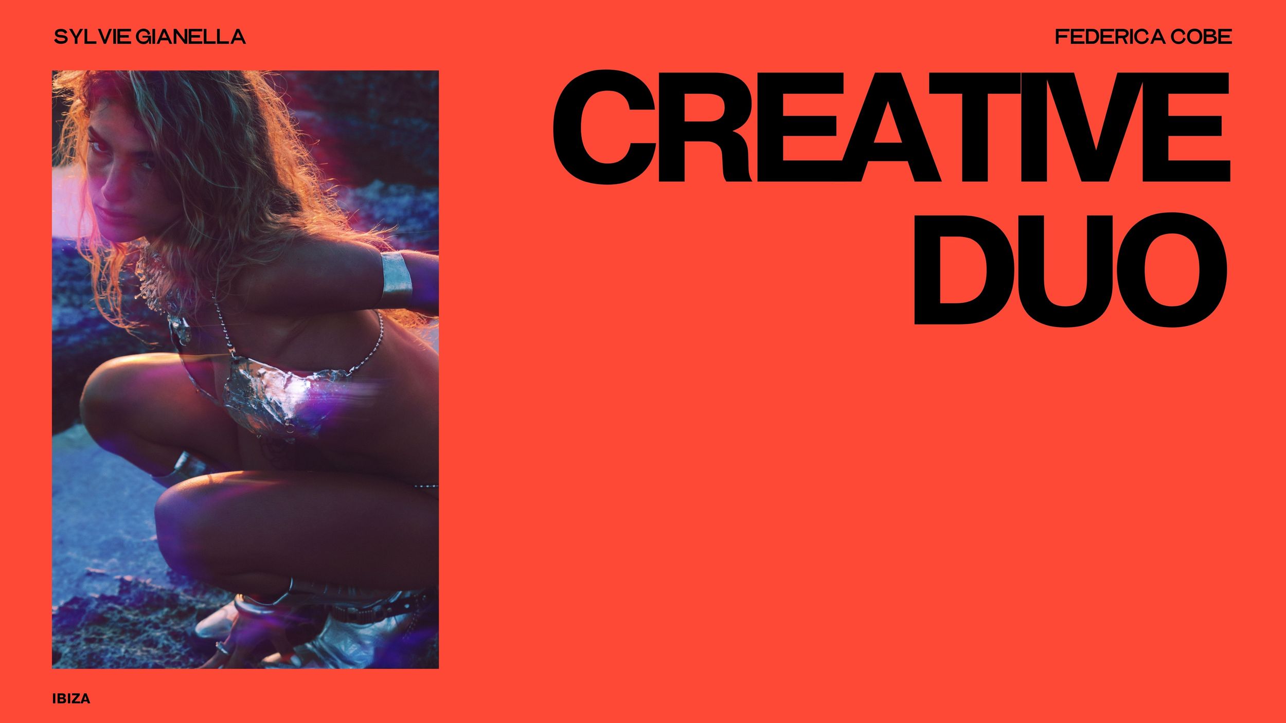 Bold red graphic design poster featuring Creative Duo text with Sylvie Gianella and Federica Cobe branding.