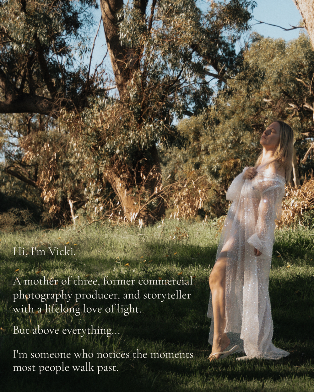 Victoriana Louise Photography ABOUT ME, profile photo, woodland, bush, sparkle gown