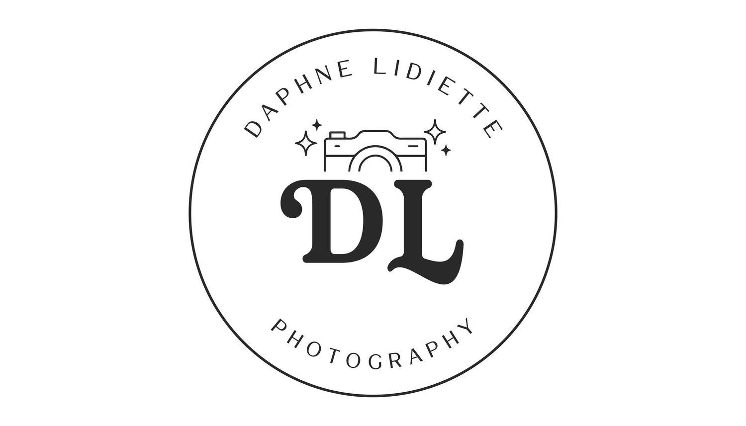 Daphne Lidiette Photography circular logo with camera icon and elegant DL monogram in black and white.