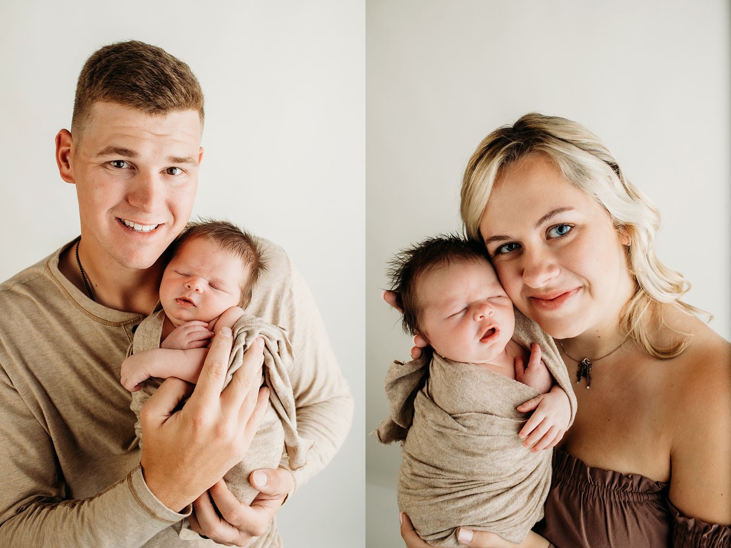Young parents each hold their sleeping newborn baby wrapped in soft neutral fabric against a white studio background.