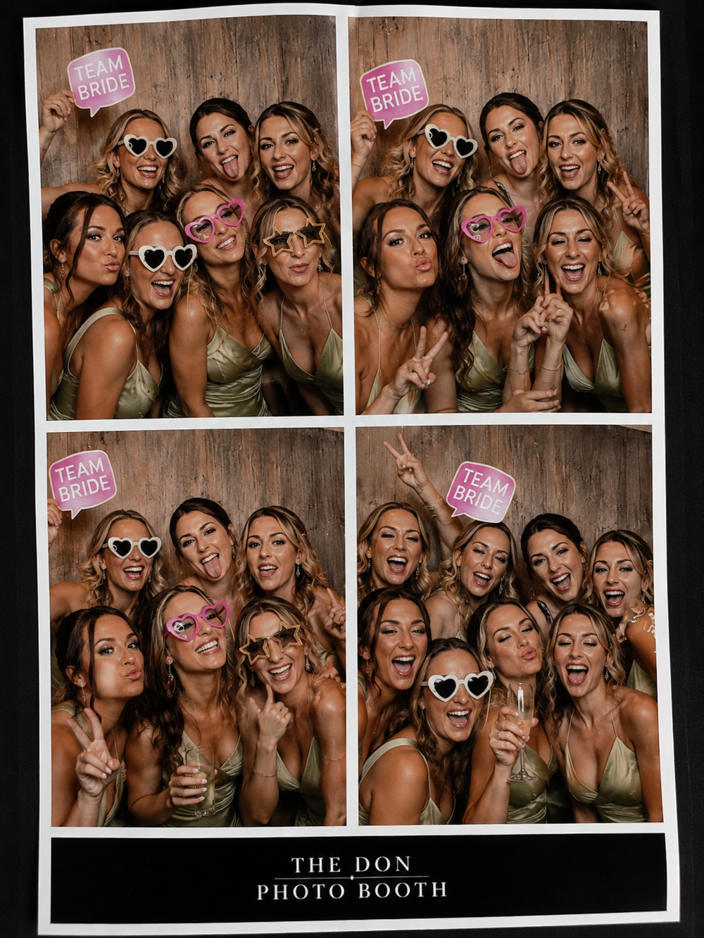 Group of women posing in a photo booth strip with Team Bride signs and heart sunglasses at The Don Photo Booth.