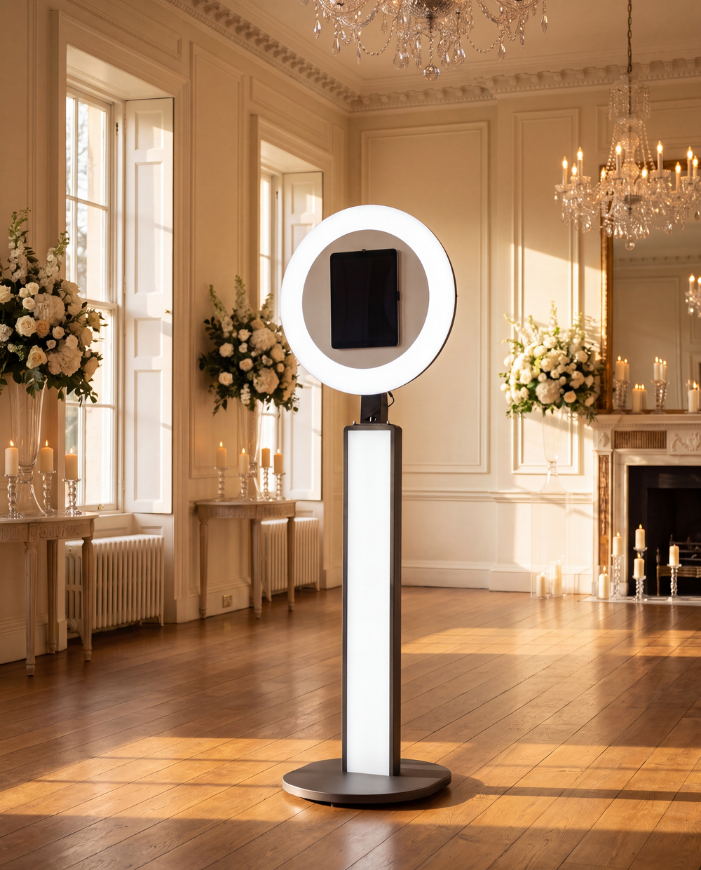 Elegant ring light photo booth stand in a luxurious ballroom with floral arrangements, chandeliers, and warm wood floors.