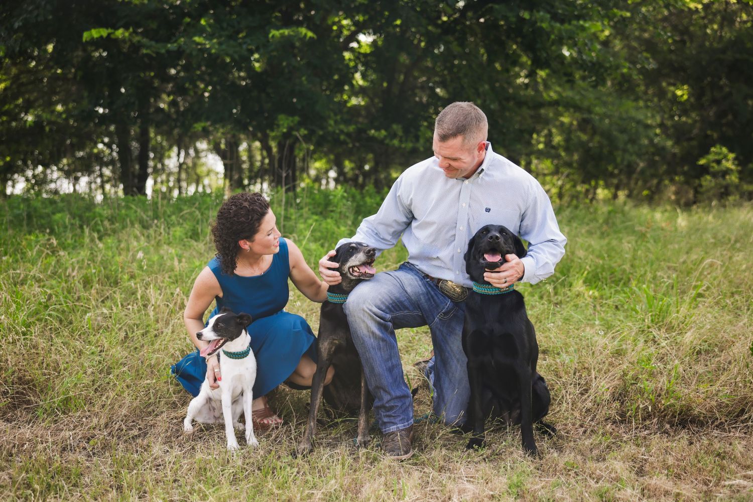 Couple sitting outdoors in a grassy field with two dogs, a white terrier and a black Labrador, surrounded by trees.