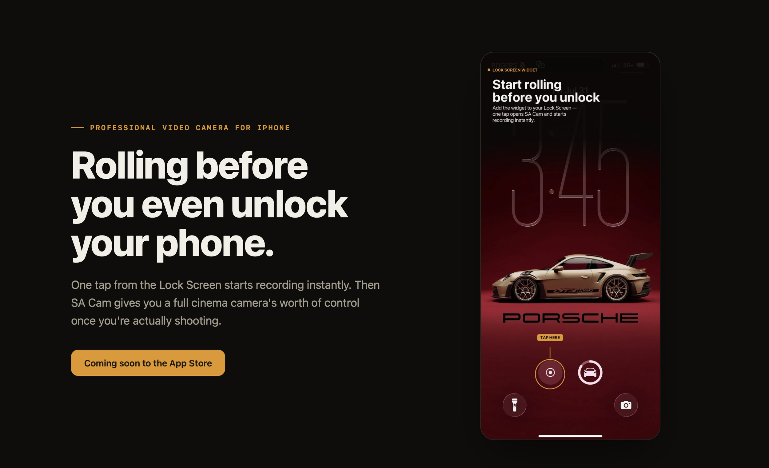 SA Cam app ad showing lock screen video recording feature with a Porsche 911 on iPhone display.