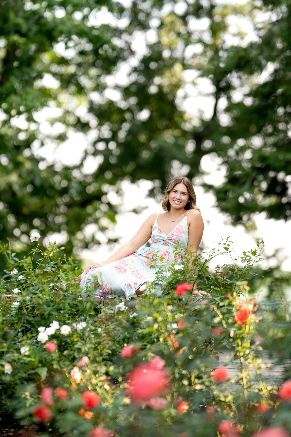 Young woman in floral dress sitting among blooming rose bushes in a sunlit garden.