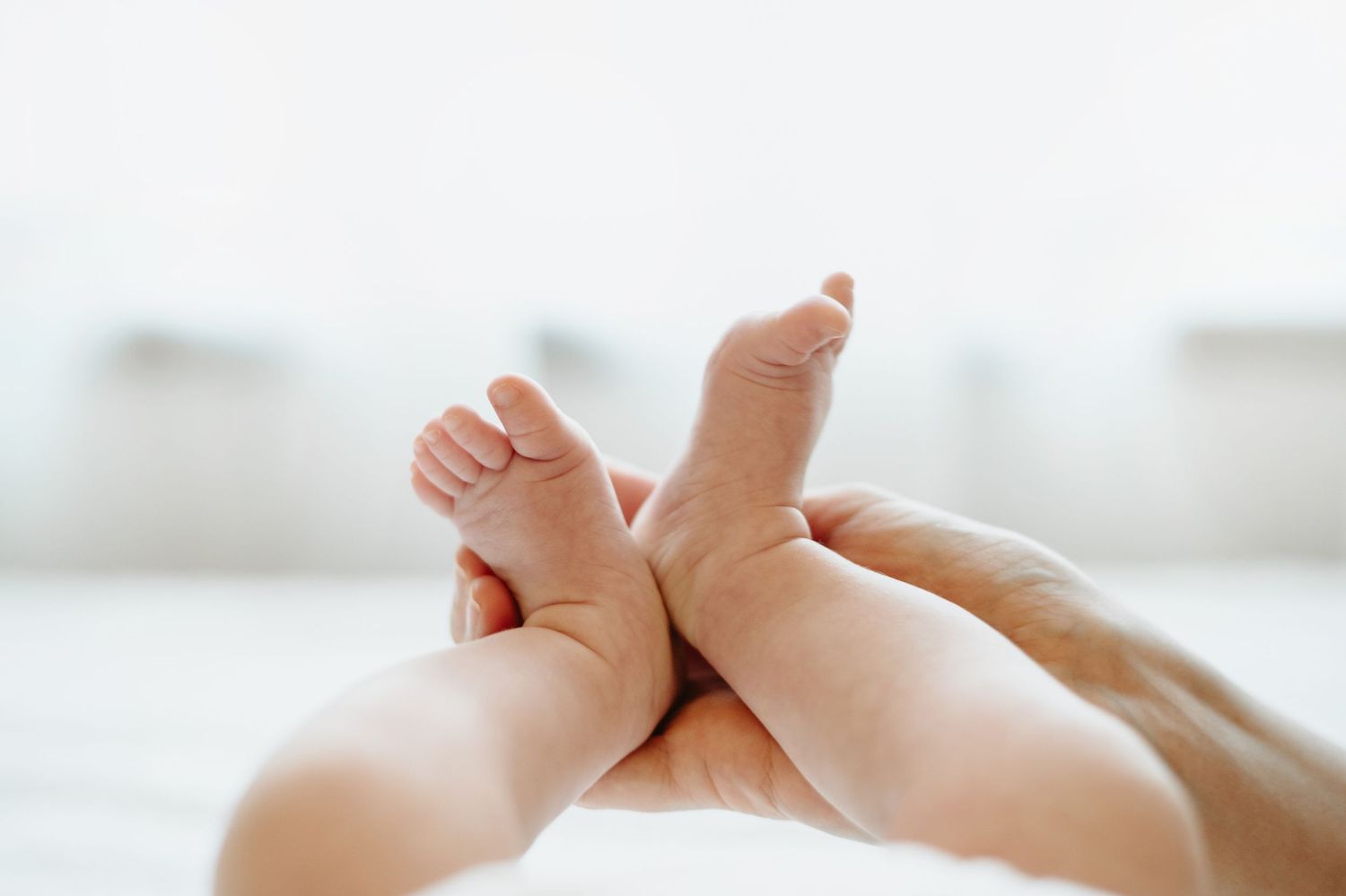 Close-up of a newborn baby's tiny feet held gently in a parent's hands, wrapped in a white blanket.