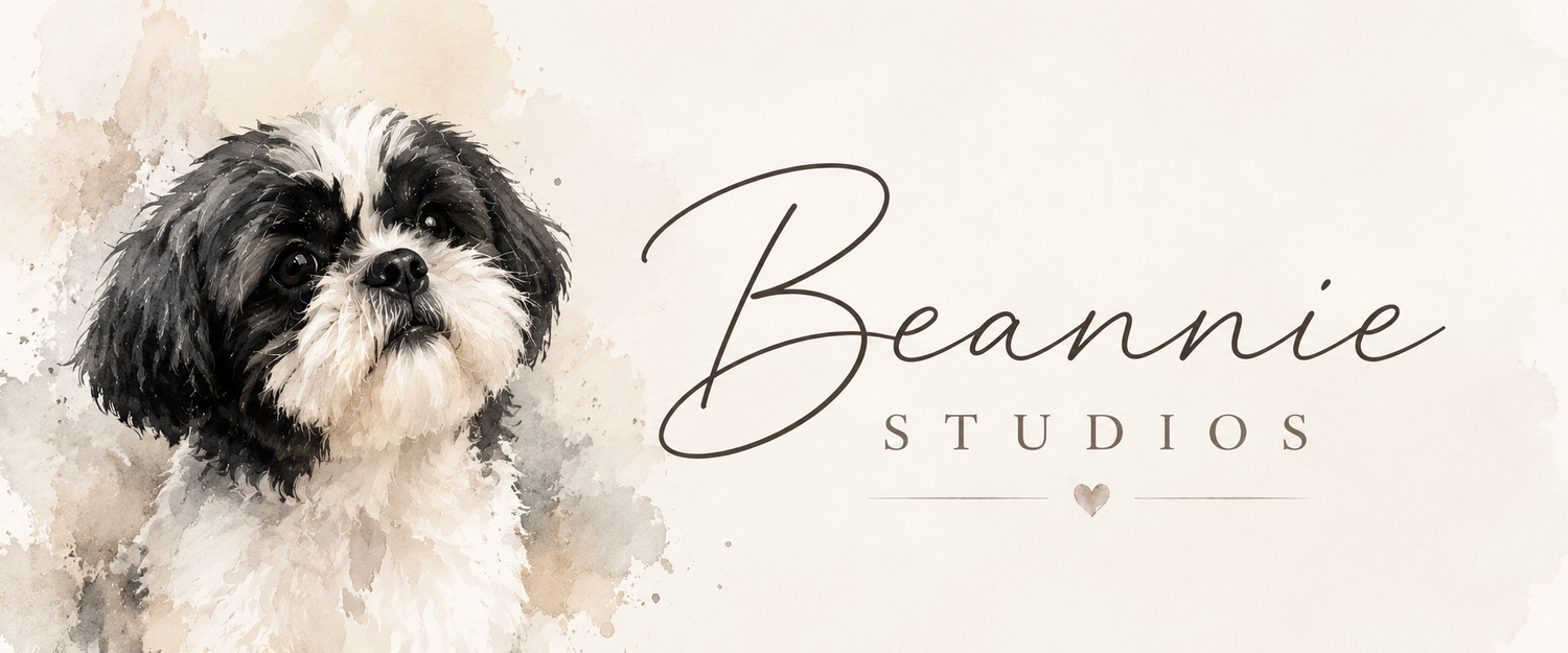 Beannie Studios logo featuring a watercolor Shih Tzu dog portrait with elegant script text.