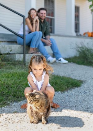 Young girl petting tabby cat on gravel path while parents watch from porch steps.