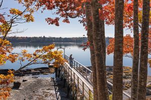 A scenic autumn view of a wooden dock leading to a calm lake framed by vibrant fall foliage.